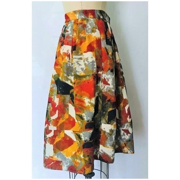 CHELSEA & THEODORE RUST MUSTARD GREEN ABSTRACT WATERCOLOR FULL SKIRT 12 NWOT - Picture 2 of 9